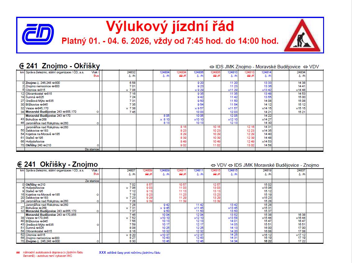 Vážení cestující, provozovatel dráhy Správa železnic, s. o. informuje, že ve výše uvedeném termínu proběhne výluka traťové koleje v úseku Jaroměřice nad Rokytnou – Stařeč na trati 241 Znojmo – Okříšky. Z tohoto důvodu přijala společnost České dráhy, a.s. následující opatření: Náhradní autobusová doprava (NAD) Po dobu výluky budou všechny vlaky v úseku Jaroměřice nad Rokytnou – Okříšky nahrazeny náhradní autobusovou dopravou. NAD bude organizována dle výlukového jízdního řádu. Provoz vlaků v části trasy V úseku Znojmo – Moravské Budějovice – Jaroměřice nad Rokytnou pojedou vlaky dle výlukového jízdního řádu. Umístění zastávek NAD:  Jaroměřice nad Rokytnou – před výpravní budovou Šebkovice – autobusová zastávka „Šebkovice, žel. st.“ Kojetice na Moravě – před výpravní budovou Stařeč – autobusová zastávka „Stařeč“ (Jakubské náměstí) Hvězdoňovice – autobusová zastávka „Hvězdoňovice“ Okříšky – autobusová zastávka „Okříšky, žel. st.“  ⚠️ Prosíme cestující o zvýšenou pozornost při plánování cesty a respektování výlukového jízdního řádu. Děkujeme za pochopení.