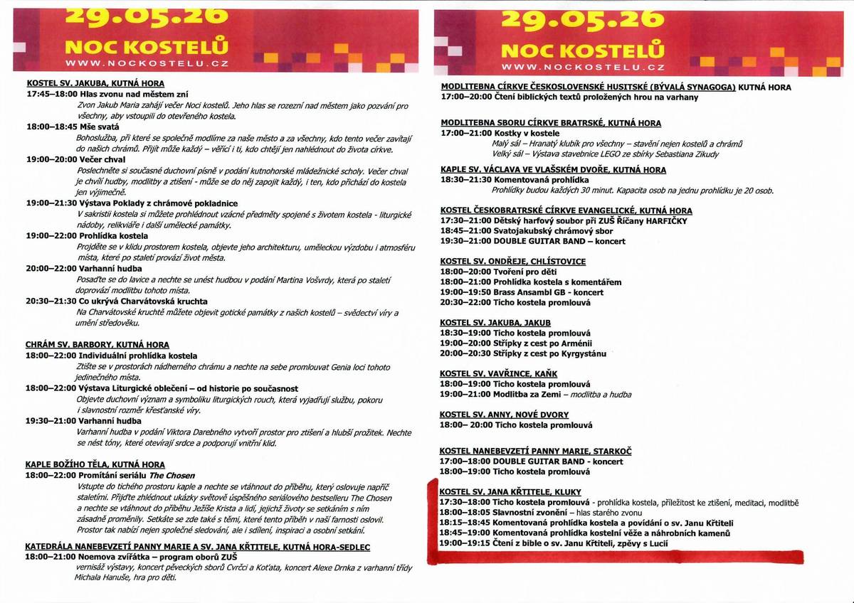 Srdečně vás zveme 29.5. na noc Kostelů - kostel sv. Jana Křtitele na Klukách. Program od 17.30 do 19.15 hod. Využijte podvečer k návštěvě našeho kostela