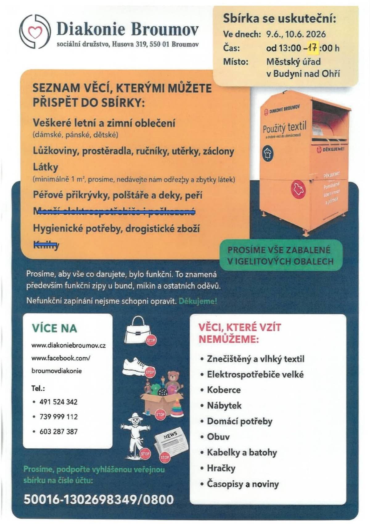 Oznámení Diakonie Broumov o sbírce