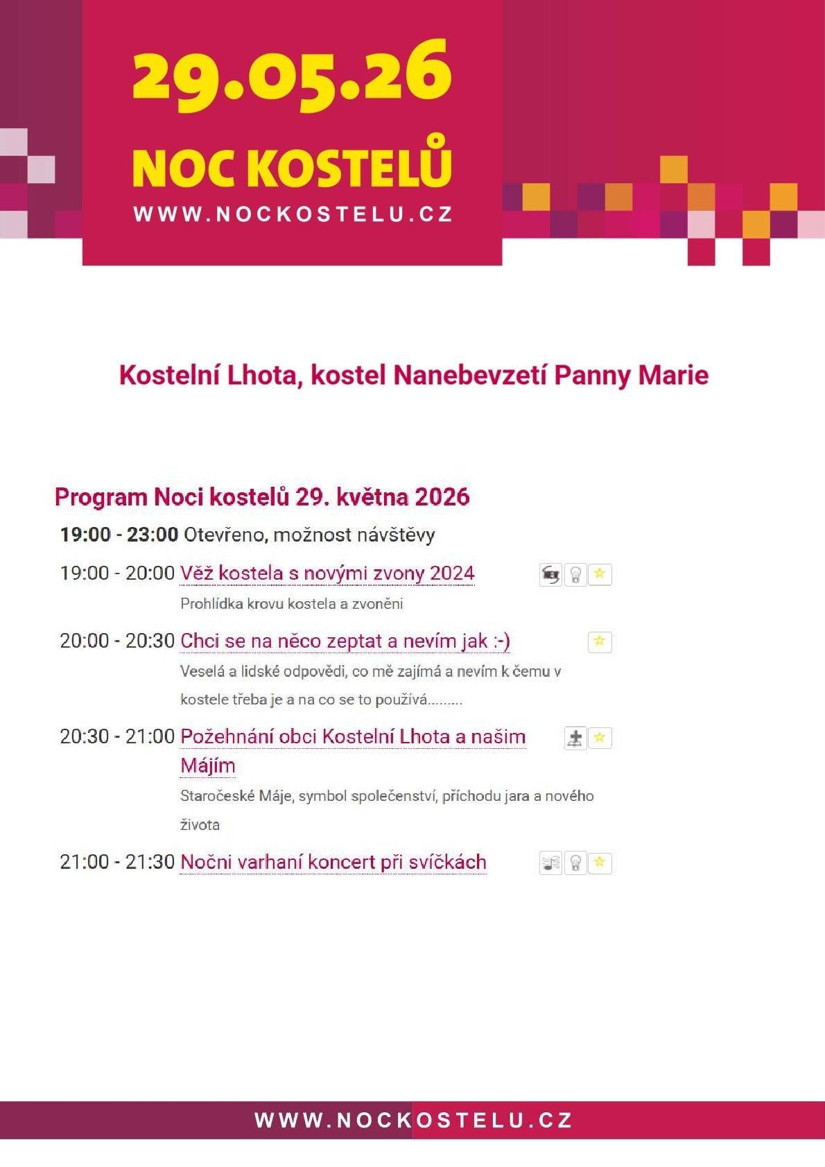 Máme před sebou víkend plný tradic, kultury a společných setkání. Kam vyrazit? Přinášíme vám nabídku.  ✨ Pátek 29. 5. – Noc kostelů Otevřeme brány našeho kostela v rámci celorepublikové akce. Čeká nás jedinečná večerní atmosféra a zajímavý program. ℹ️ Více informací a program najdete na: https://www.nockostelu.cz/kostel/3980/ 🌸 Sobota 30. 5. – Staročeské máje Sbor dobrovolných hasičů vás zve na tradiční lidové oslavy jara! Od 11:00 vychází průvod od hasičské zbrojnice a od 20:00 se těšte na májovou zábavu se skupinou ROURA.  🙏 Neděle 31. 5. – Májová bohoslužba & Pouť do Dobřichova   14:00 – Pravidelná bohoslužba v našem kostele s mariánskou vzpomínkou   Po bohoslužbě – Společně se přesuneme do nedalekého Dobřichova (Pečky) na jejich slavnostní poutní mši, která začíná v 15:00    Všichni jste srdečně zváni! ❤️