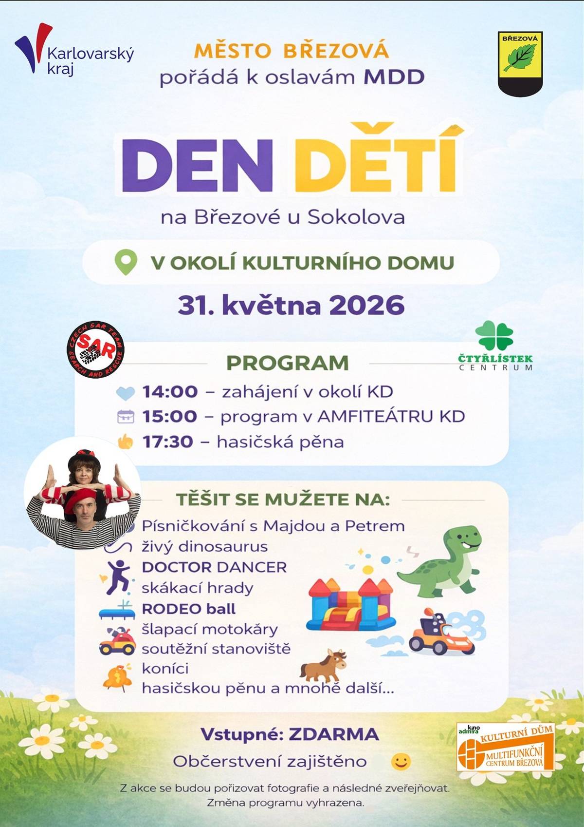 Zveme děti, rodiče i prarodiče na oslavu Dne dětí, která se uskuteční v neděli 1. června 2026. Od 14 do 17 hodin 30 minut budou na hřišti a pěší zóně u ZŠ připraveny soutěže a další zábava pro děti. Od 15 hodin v amfiteátru u KD domu animační program. Vstupné je zdarma a občerstvení bude zajištěno. Více info na www.mu-brezova.cz