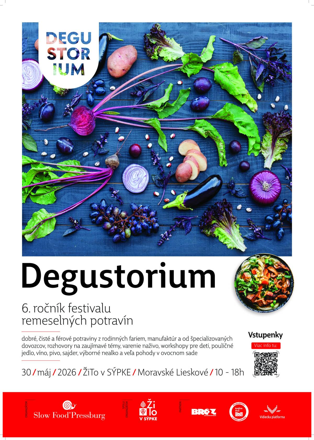 ŽiTo v SÝPKE v Moravskom Lieskovom pozýva na sobotné podujatie Degustorium - festival remeselných potravín. Pozývame vás od 10:00 - 18:00 objavit takmer 50 potravinovych predajcov, ochutnávky jedla, detské divadlá a diskusie. Celý program nájdete na www.degustorium.sk. Vstupné dobrovoľné.