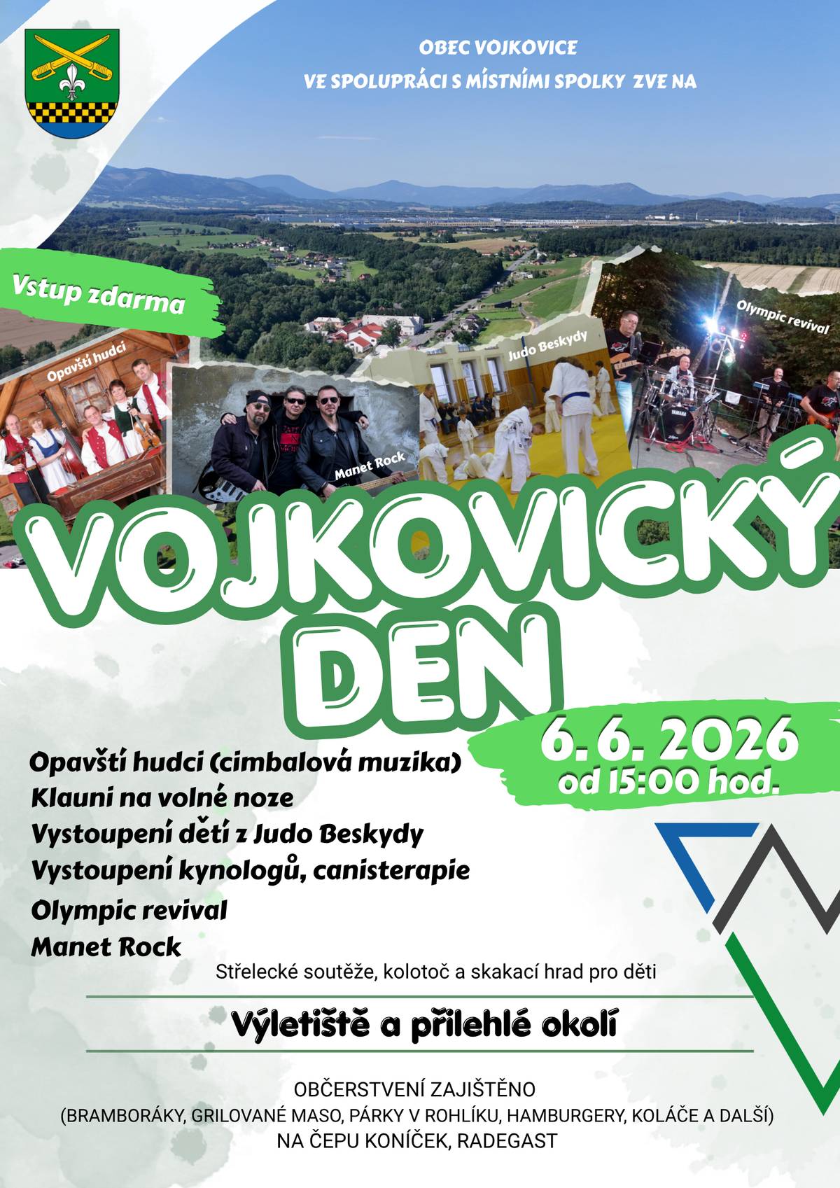 Obec Vojkovice ve spolupráci s místními spolky Vás srdečně zve na den plný hudby, zábavy a pohodové atmosféry pro malé i velké! 💚