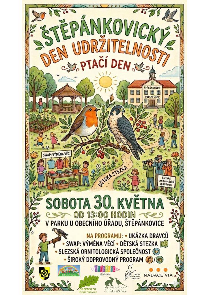 Spolek Greenspol Štěpánkovice ve spolupráci s dalšími spolky vás srdečně zve na Štěpánkovický Den Udržitelnosti – Ptačí den, který se uskuteční v sobotu 30.5.2026 od 13:00 hod. v parku u obecního úřadu. Více v příloze.
