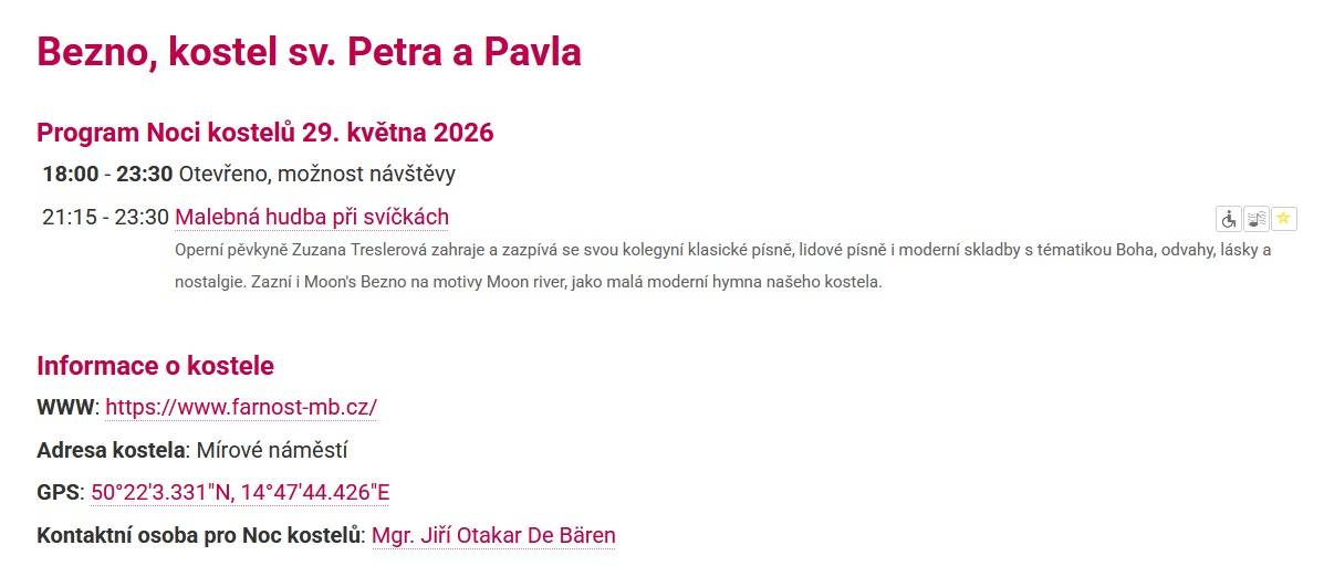 Kostel svatého Petra a Pavla v Bezně bude zařazen do celorepublikové akce NOC KOSTELŮ, která se uskuteční v pátek 29. května 2026.