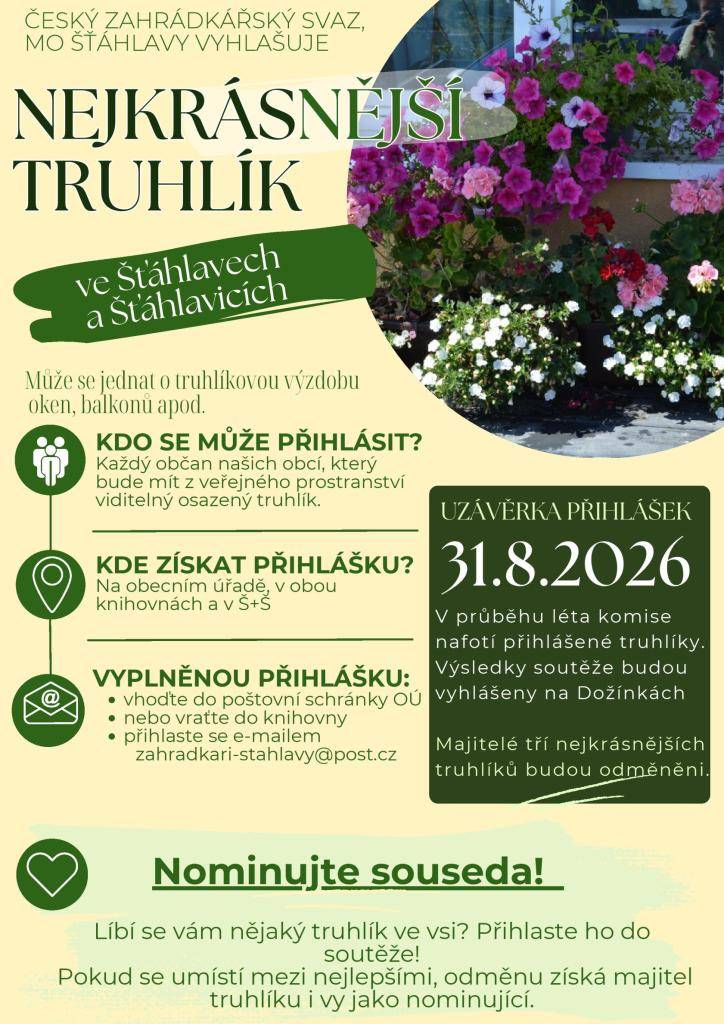 Přihlášky jsou k dispozici na OÚ Šťáhlavy, v obou knihovnách a v Š+Š.