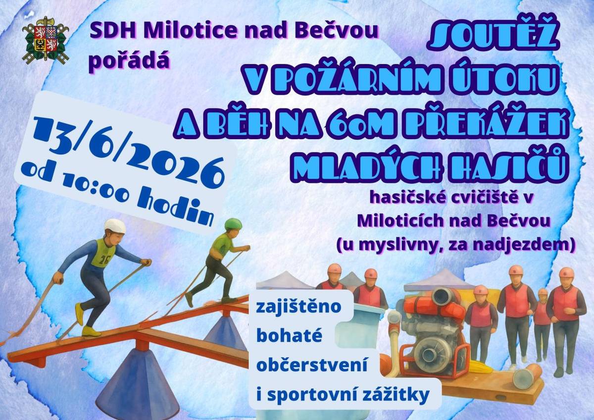 V sobotu 25. června 2026 se na hasičském cvičišti v Miloticích nad Bečvou uskuteční soutěž mladých hasičských družstev. Kromě soutěží si návštěvníci mohou užít také občerstvení a zajímavé sportovní zážitky.