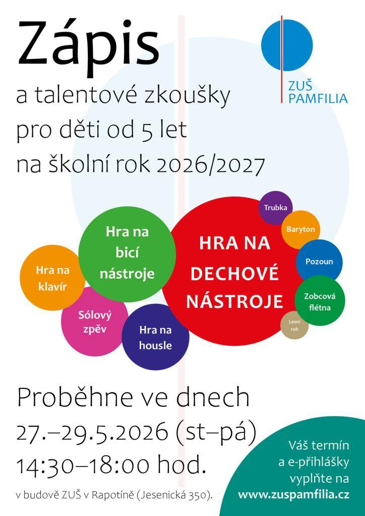 Děti si mohou vybírat ze studijních zaměření hra na klavír, housle, bicí, dechové nástroje a sólový zpěv. Všechny zájemce rádi uvidíme ve středu 27., čtvrtek 28. a v pátek 29. května v době od 14:30 - 18 hodin v prostorách ZUŠ v Rapotíně. Elektronické přihlášky vyplňte prosím na www.zuspamfilia.cz.
