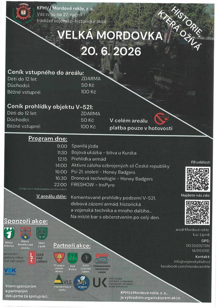 KPHVJ Mordové rokle, z.s. vás zvou na 27. ročník tradiční vojensko-historické akce, která se koná 20. června 2026. Těšit se můžete na bohatý program včetně bojových ukázek a přehlídky armád.
