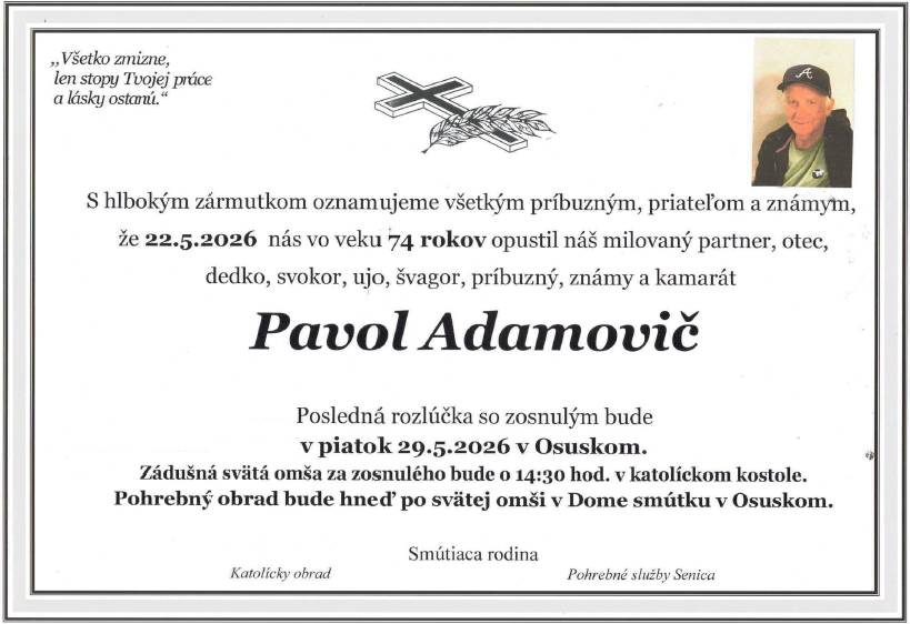 Smútočné oznámenie - Pavol Adamovič