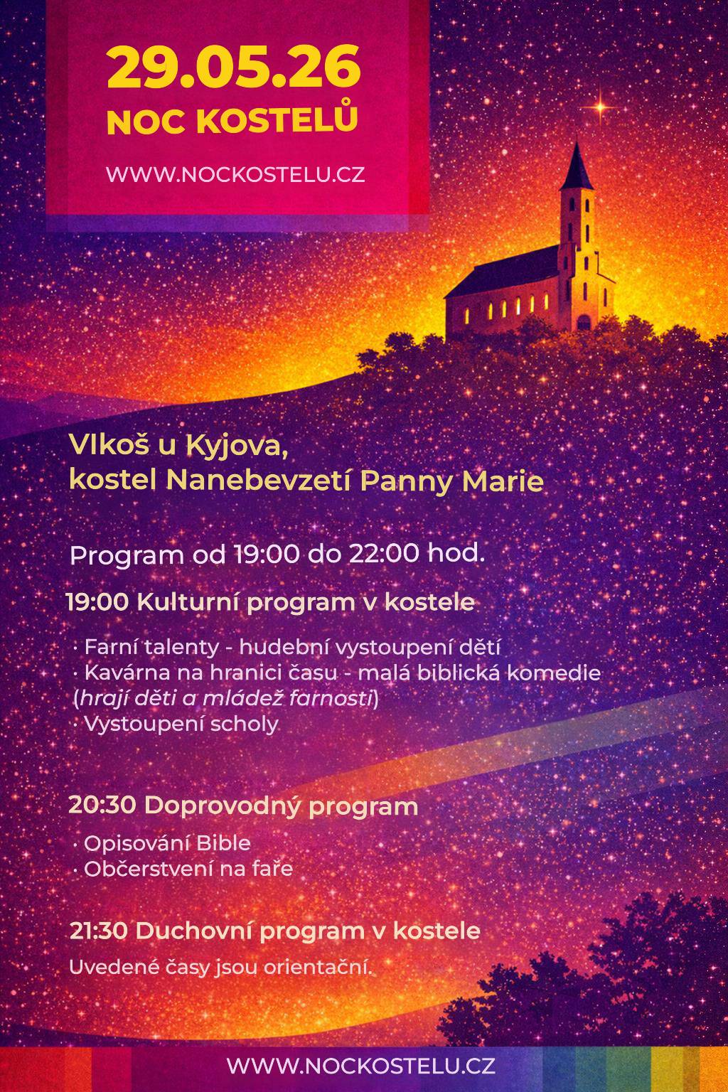 Pošta Partner upozorňuje, že ve středu 27.5.2026 bude otevřeno pouze odpoledne, a to od 12:30 do 15 hodin. Farnost Vlkoš a Komunitní farní centrum vás srdečně zvou na tradiční akci Noc kostelů, která se uskuteční v pátek 29. května od 19:00 hodin. Čeká vás jedinečná příležitost navštívit dominantu naší obce – kostel Nanebevzetí Panny Marie – v netradiční večerní atmosféře. Letošní program si připravily děti a mládež z naší farnosti. Těšit se můžete na hudební vystoupení farní scholy a na divadelní scénku s názvem „Kavárna na hranici času“. V ní s humorem i k zamyšlení uvidíte, co by se stalo, kdyby se u jedné kávy potkaly známé biblické postavy jako král David nebo stavitel archy Noe. Po skončení programu jste všichni zváni na faru k přátelskému posezení u drobného občerstvení.