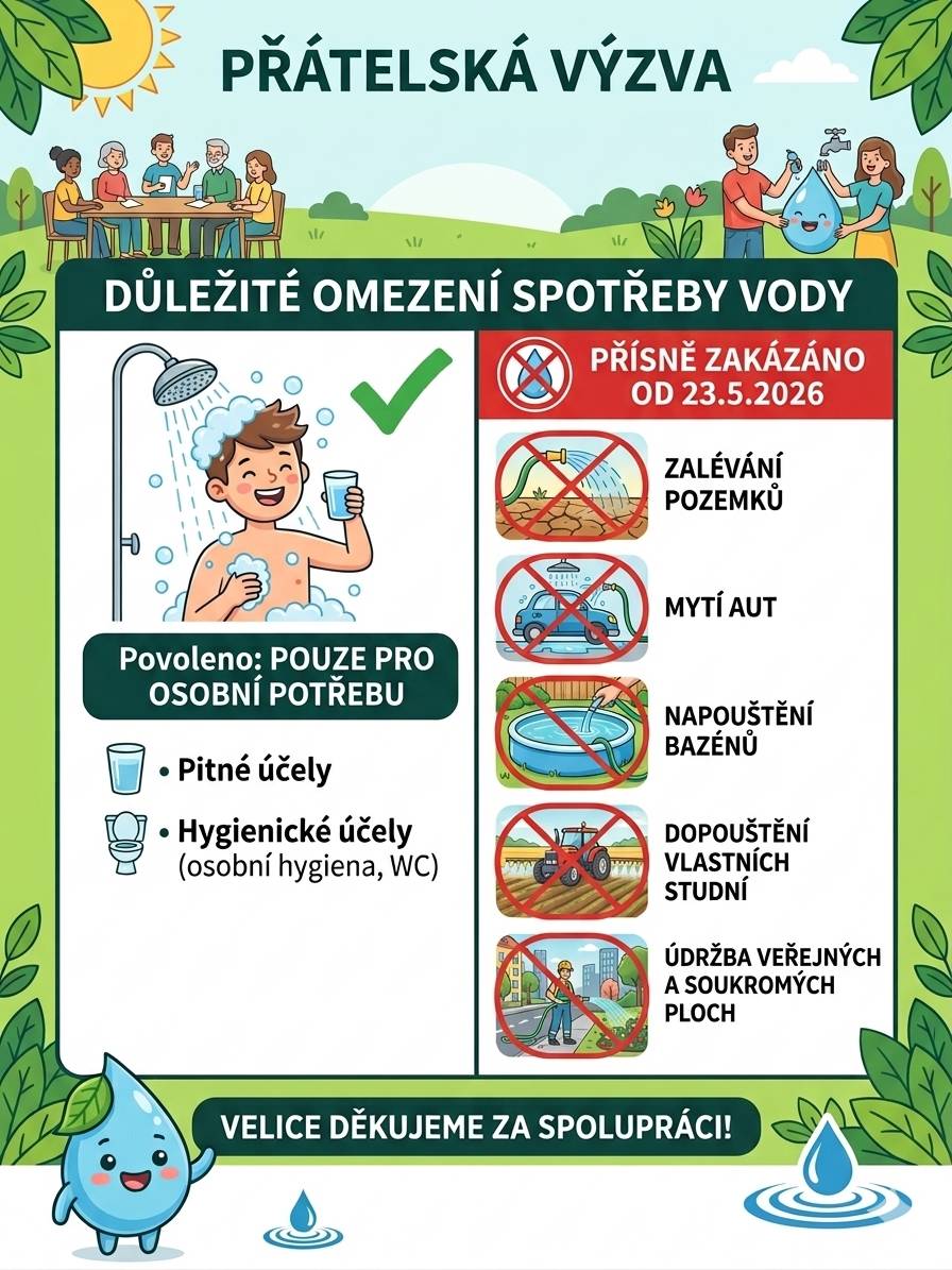 Vážení spoluobčané,     z důvodu přetrvávajícího teplého a suchého počasí dochází k extrémnímu nárůstu spotřeby pitné vody z veřejného vodovodu.     S okamžitou platností proto vstupuje v platnost zákaz používání vody z veřejného vodovodu pro účely, které nejsou nezbytné!     Děkujeme za pochopení a vaši spolupráci.