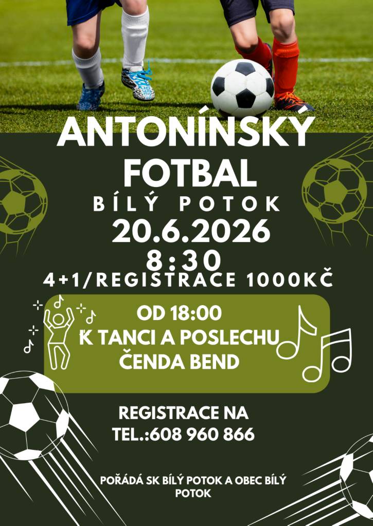 Dne 20. června 2026 se v Bílém Potoku koná fotbalový turnaj. Akce začíná v 8:30 a registrace je možná za poplatek 1000 Kč.