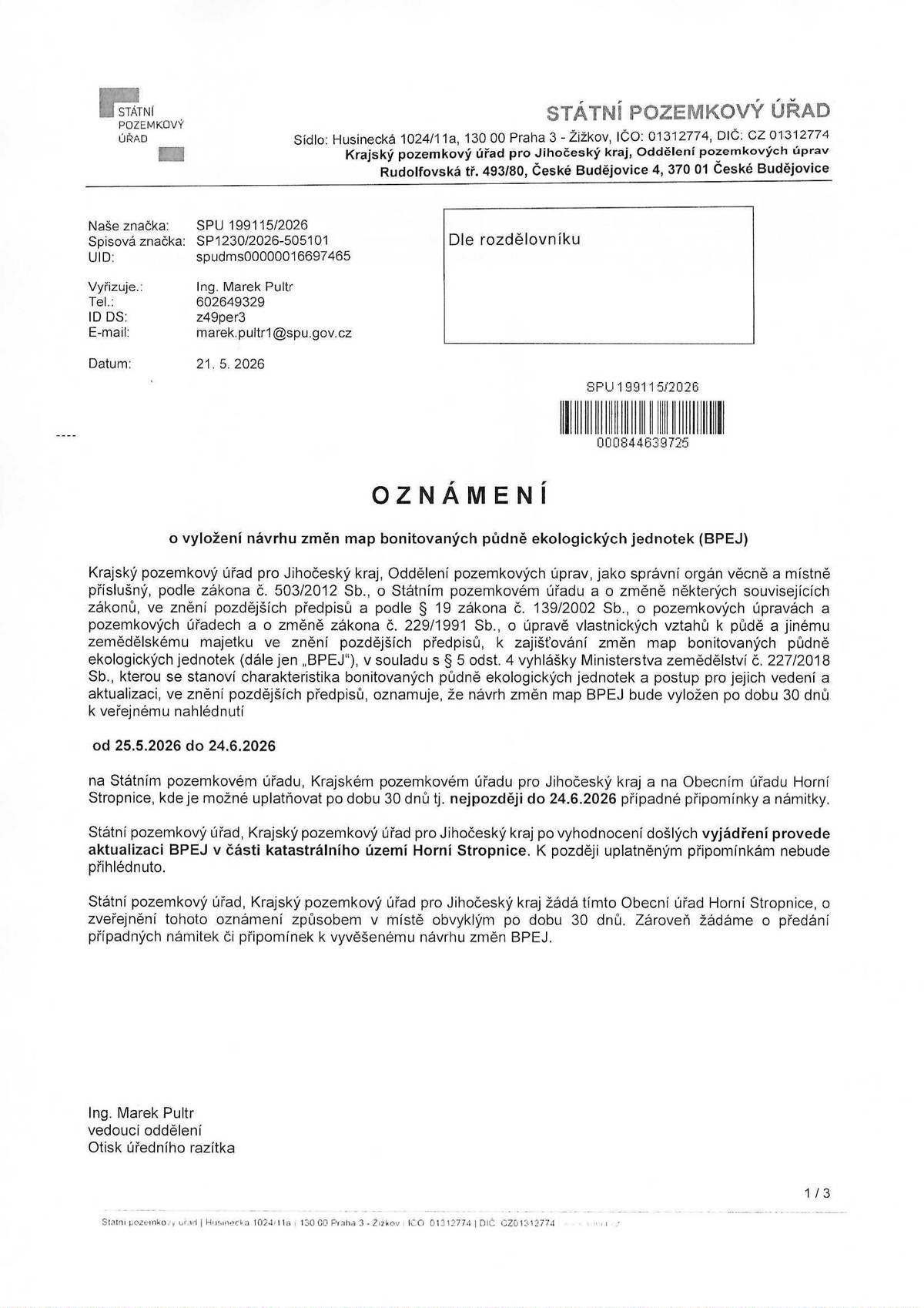 Oznámení o vyložení návrhu změn map bonitovaných půdně ekologockých jednotek (BPEJ)