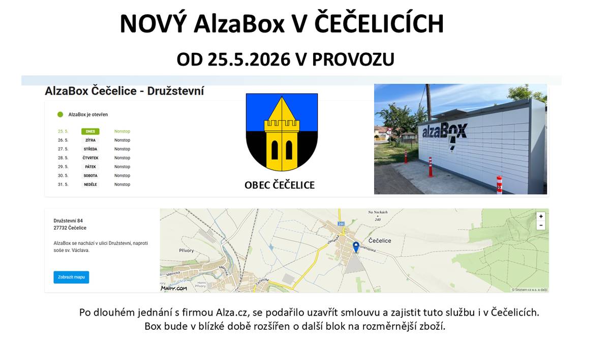 NOVÝ AlzaBox V ČEČELICÍCH OD 25.5.2026 V PROVOZU V ULICI DRUŽSTEVNÍ.