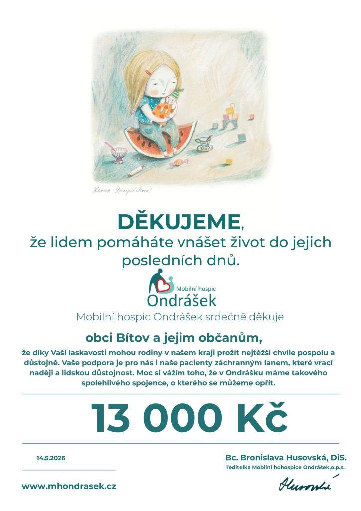 Poděkování za finanční dar věnovaný MH Ondrášku ze zisku akce Pálení čarodějnic 2026 v Bítově.