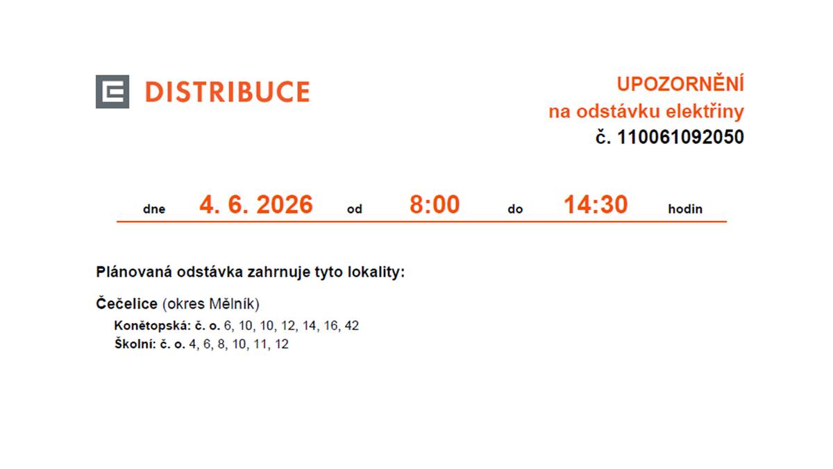 ODSTÁVKA ELEKTŘINY 4.6.2026 - KONĚTOPSKÁ a ŠKOLNÍ 8:00-14:30