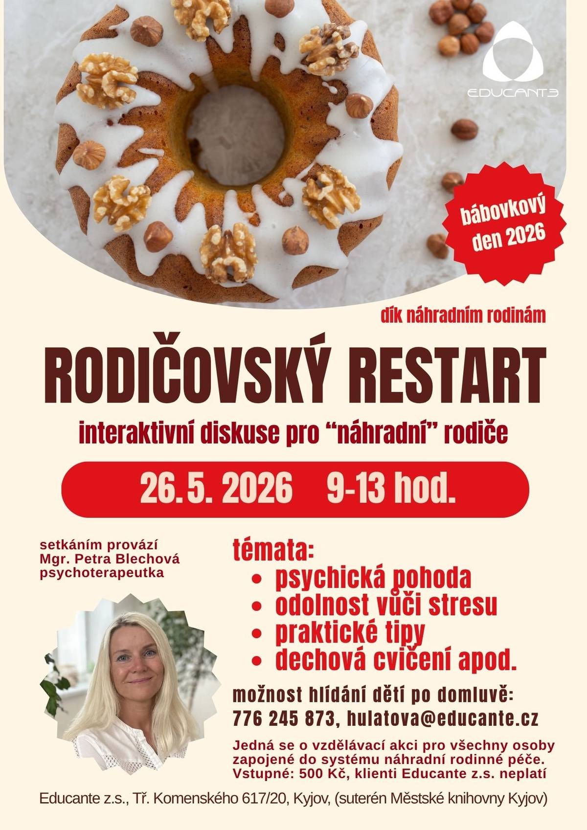 Interaktivní setkání „Rodičovský restart“ pro náhradní rodiče, které se uskuteční v rámci Bábovkového dne 26. 5. 2026 v Kyjově.