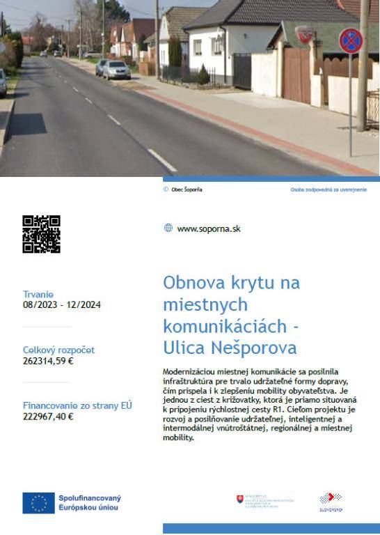 Obnova krytu na miestnych komunikáciách - Ulica Nešporova