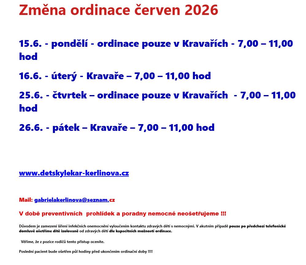 MUDr. Gabriela Kerlinová - změna ordinace červen 2026