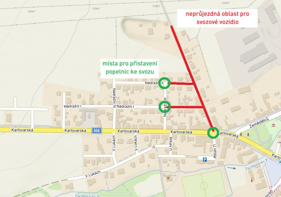 Po dobu rekonstrukce ulice Za Starou Poštou bude omezen svoz odpadu. Na mapce jsou vyznačena místa, kde proběhne svoz nádob z neprůjezdné oblasti. Jedná se o křižovatky: Nádražní II a III, Nádražní I a III a Za Starou poštou x Karlovarská. Zítra - v pondělí 25.5.2026 zajistí přistavení nádob na tato místa pracovnící obce. Po svozu si je prosím vyzvedněte na těchto místech a při dalších svozech je opět přistavujte na tato místa. Prosíme Vás o obnovení označení nádob vaším číslem popisným, aby nedošlo k záměně nádob! Čipy jsou přiděleny na jednotlivé adresy. Opatření se týká svozu komunálního a bioodpadu. Kontejnery na separovaný odpad byly dočasně přesunuty do ulice U Hřiště.
