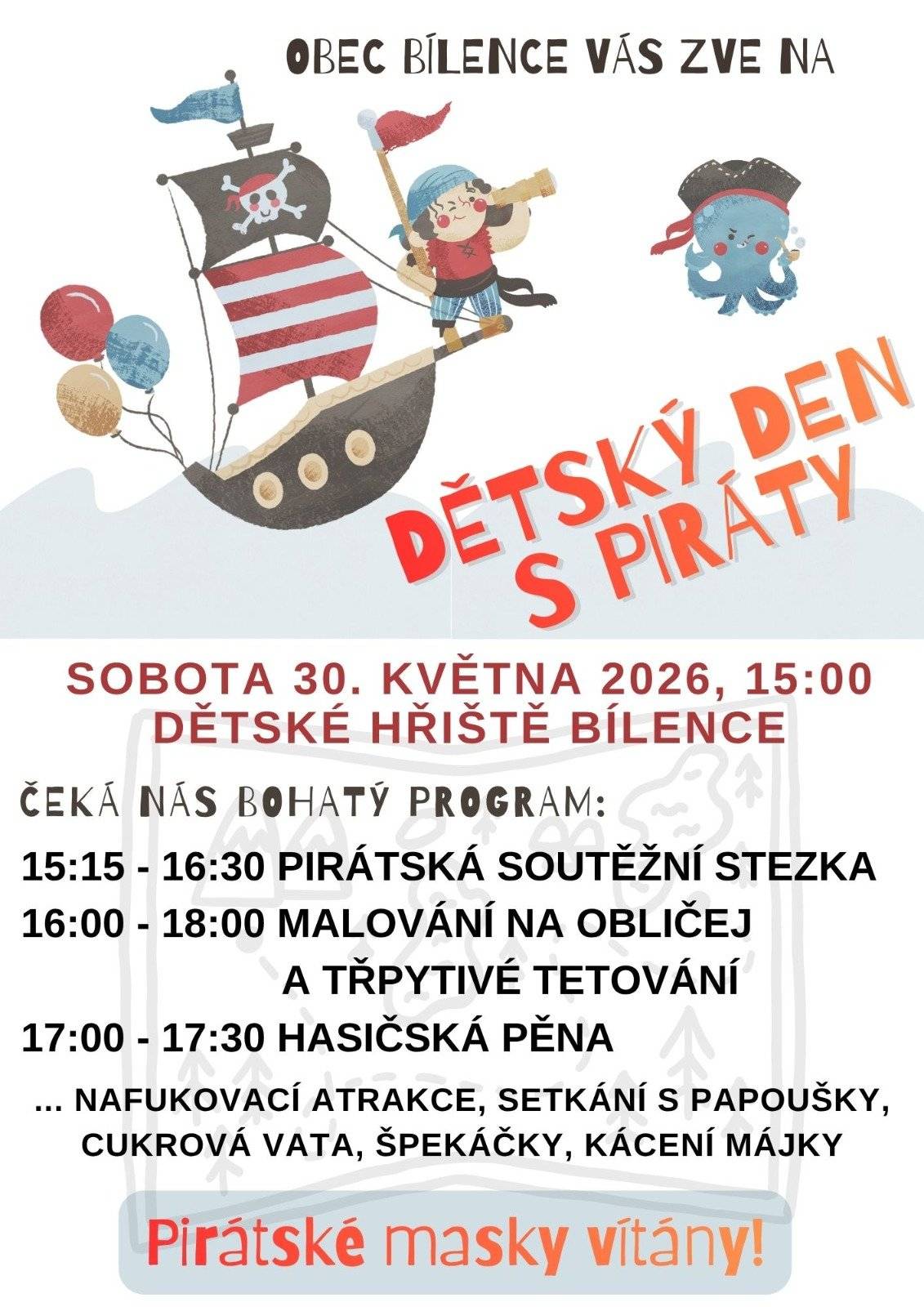 Vážení spoluobčané, přijďte s námi v sobotu 30. května 2026 od 15:00 hod. oslavit Den dětí - tentokrát v pirátském duchu!