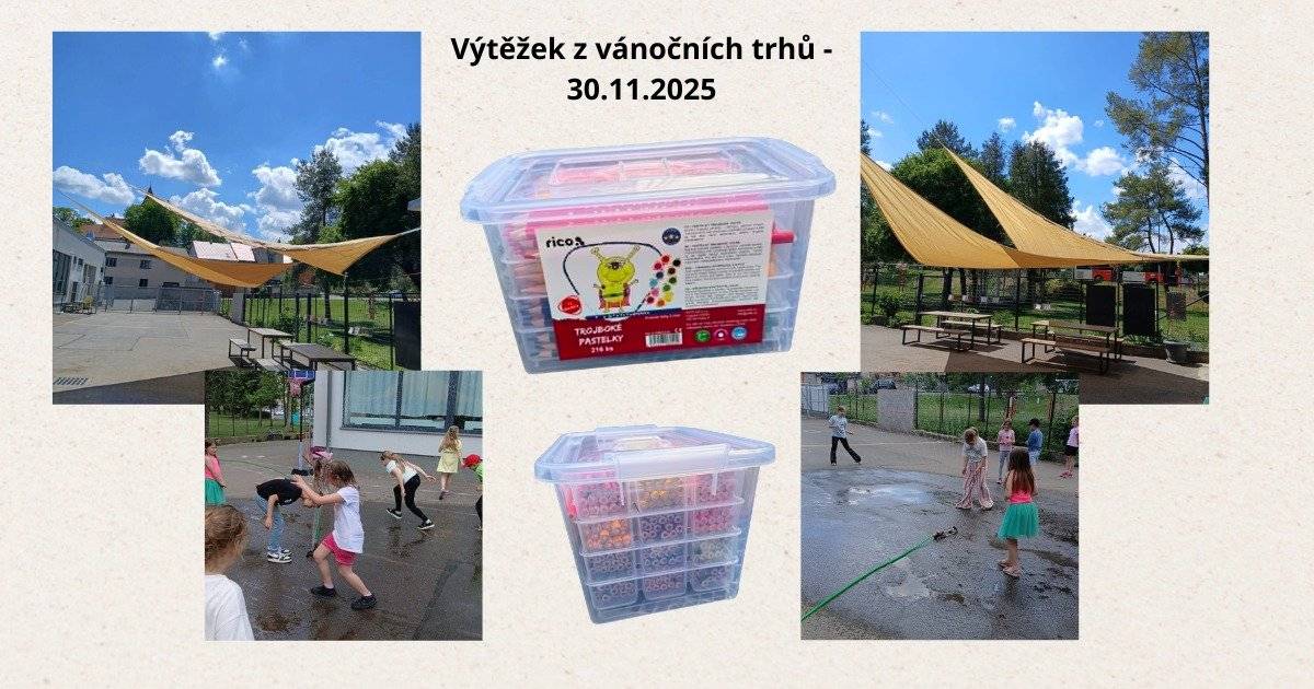 V rámci vánočních trhů konaných v listopadu 2025 se podařilo vybrat částku ve výši 6.613 Kč, která byla po dohodě s hlavní vychovatelkou využita na doplnění vybavení školní družiny. Z výtěžku byly zakoupeny: * 2 stínící plachty * 2 zavlažovače + příslušenství * krabice pastelek - 216 kusů Poděkování patří všem návštěvníkům vánočních trhů, kteří podpořili akci zakoupením občerstvení nebo návštěvou dětské dílničky. Díky vaší podpoře se podařilo přispět k příjemnějšímu prostředí pro děti ve školní družině. Za organizační tým  Martina - Petra - Kateřina
