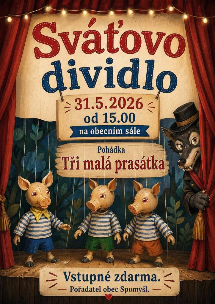 Zveme všechny děti na představení Tři malá prasátka,které zahraje 31.5 .2026 od 15:00 na sále Sváťovo dividlo. Vstupné zdarma.