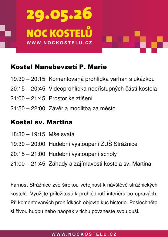 Přijďte si prohlédnout krásu strážnických kostelů a využijte jedinečné příležitosti nahlédnout do jejich interiérů po opravách 🏛️ 📖 Během komentovaných prohlídek objevíte zajímavé příběhy a kus historie našeho města. 🎶 Zaposlouchejte se do živé hudby a nechte se unést její atmosférou. 🕊️ Nebo si naopak dopřejte chvíli ticha, ztišení a povznesení duše. ❤️ Těšíme se na všechny, kteří chtějí poznat krásu, historii i duchovní atmosféru těchto výjimečných míst. #FarnostStrážnice #Strážnice #NocKostelů #PoznejteHistorii #ChvíleProDuši ⛪✨