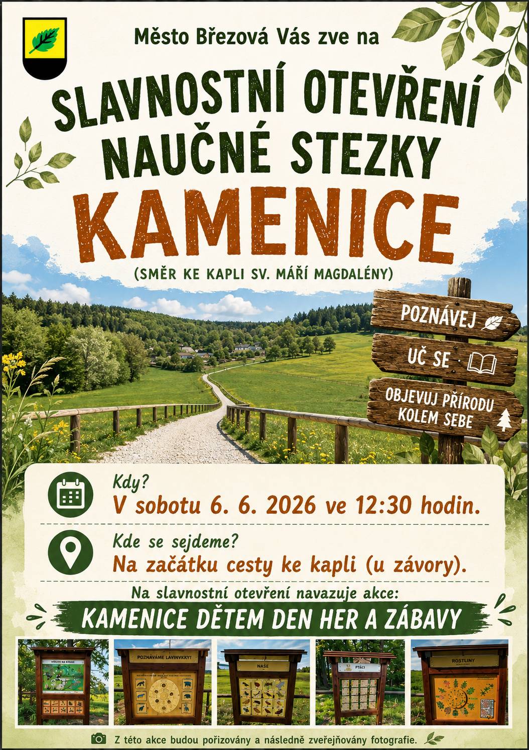 Město Březová srdečně zve všechny občany i návštěvníky na slavnostní otevření nové naučné stezky Kamenice, která vede směrem ke kapli sv. Máří Magdalény. Slavnostní otevření se uskuteční v sobotu 6. 6. 2026 od 12:30 hodin.
