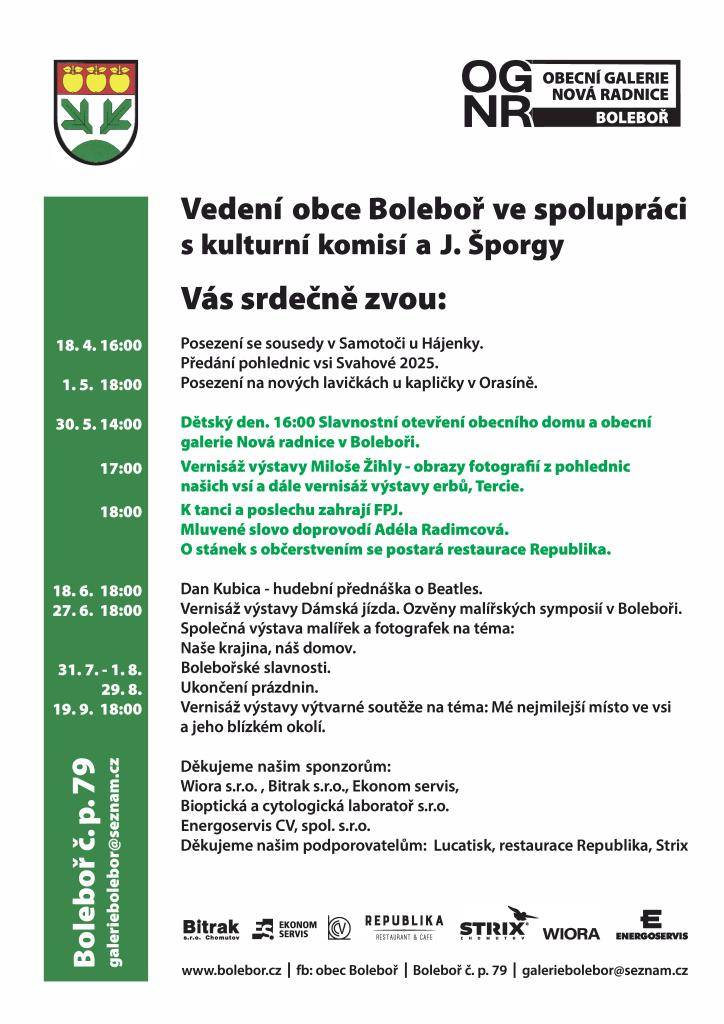 Slavnostní otevření obecního domu a obecní galerie v nově zrekonstruovaném objektu dne 30.5.2026 od 16 h v obci Boleboř.