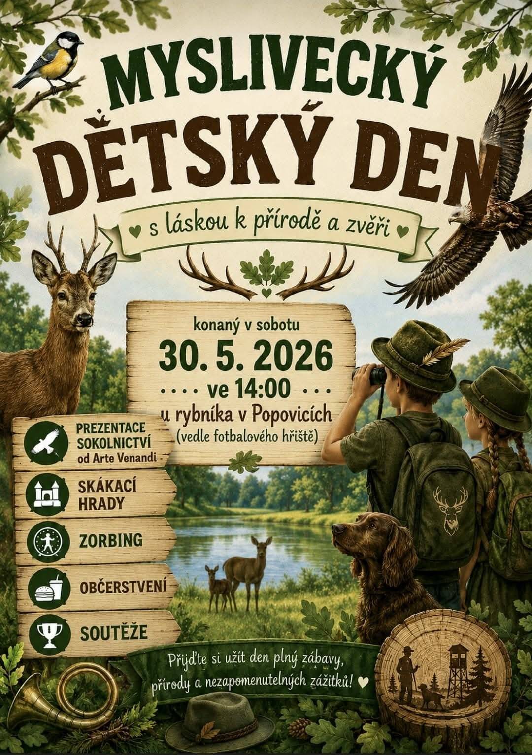 Zveme na Myslivecký dětský den v sobotu 30.5. od 14 hod. u rybníka https://www.obecpopovice.cz/obec/udalosti-v-obci/kalendar-akci/detsky-den-v-popovicich-214_154cs.html