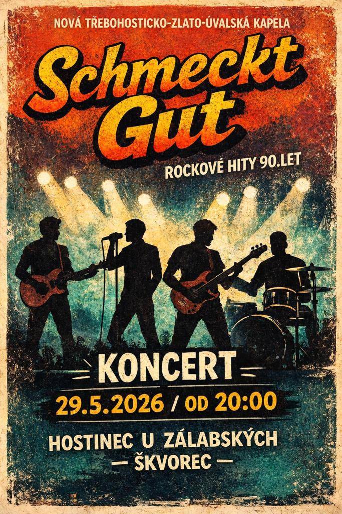 Nová třebohosticko-zlato-úvalská kapela zve všechny milovníky devadesátkového rocku na koncert do hostince U Zálabských. Kdy: 29. května 2026 od 20:00.