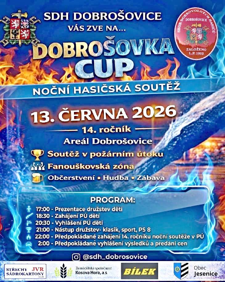 Sbor dobrovolných hasičů Dobrošovice vás srdečně zve na noční hasičskou soutěž Dobrošovka Cup, která se uskuteční 13. května 2026 od 17,00 hodin. Tento zajímavý sportovní zážitek slibuje napínavé momenty a ukáže dovednosti hasičských týmů v akci. Přijďte podpořit naše hasiče.