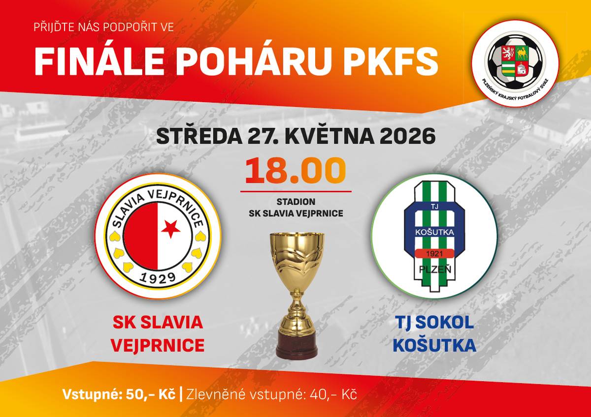 Ve středu 27.5. od 18 hod. se SK Slavia Vejprnice utká ve finále Poháru PKFS proti TJ Sokol Košutka. Přijďte podpořit domácí tým a vytvořit skvělou atmosféru!