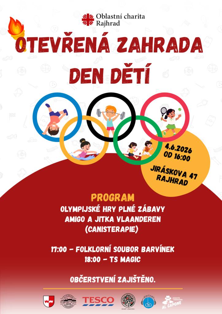 Oblastní charita Rajhrad zve všechny na akci Otevřená zahrada - den dětí - 4.6.2026 od 16:00. Letošní program bude inspirován olympijskými hrami a děti i jejich rodiny se mohou těšit na sportovní disciplíny, soutěže a zábavné odpoledne.