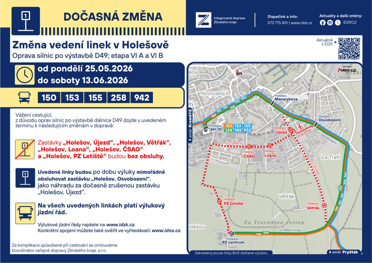 Informace ke změnám v organizaci veřejné dopravy, která se týká linek s vazbou na naši obec.    Výlukové jízdní řády budou k dispozici na stránkách www.idzk.cz.