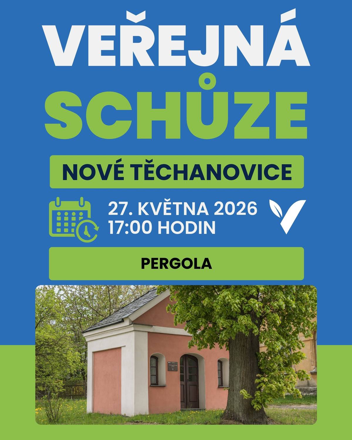 Ve středu 27. května od 17 hodin se v pergole uskuteční veřejná schůze s obyvateli Nových Těchanovic.  Přijďte diskutovat se zástupci města.