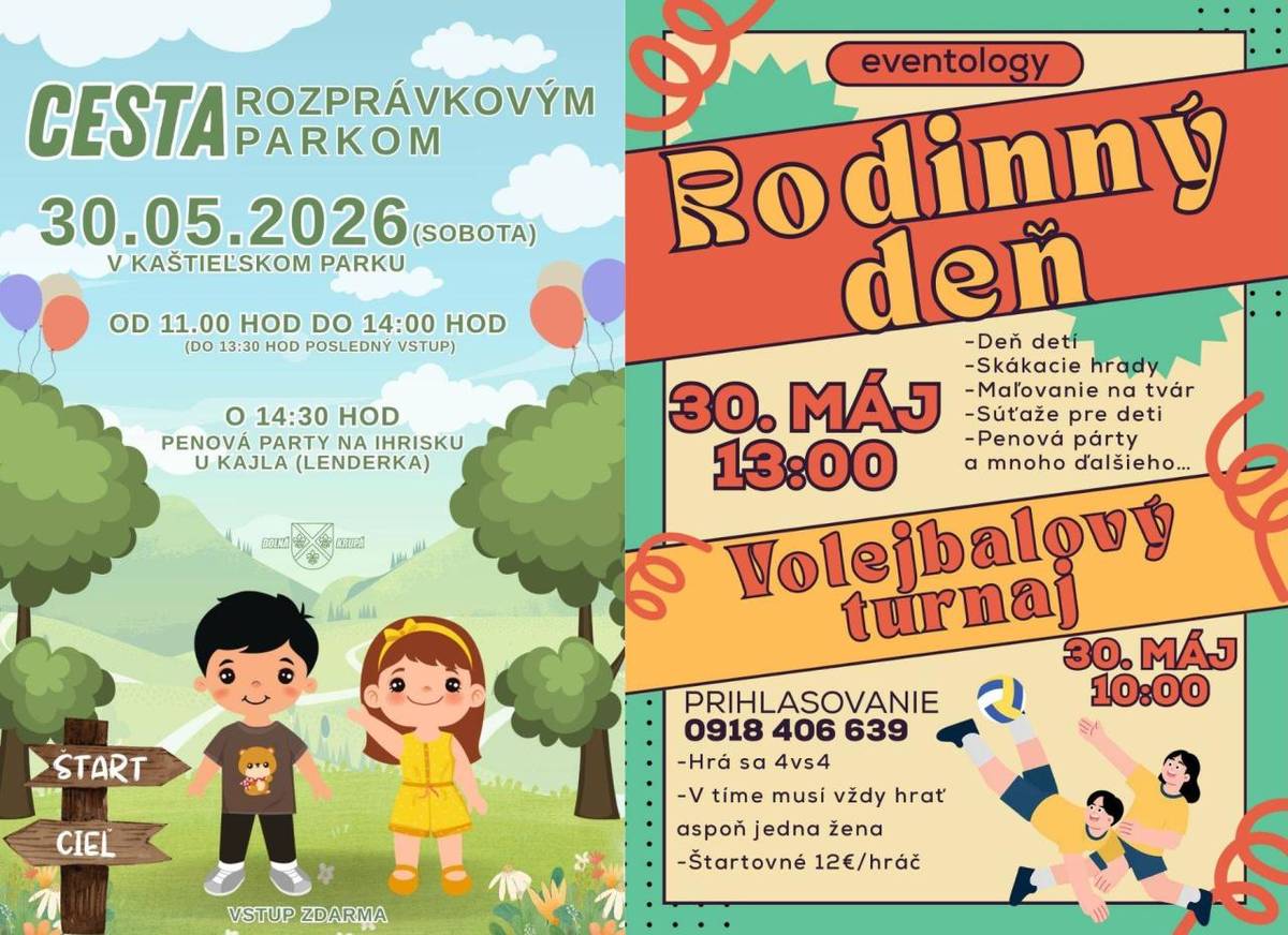 Obec Dolná Krupá v spolupráci s Eventology s. r. o. Vás srdečne pozýva na Medzinárodný deň detí  spojený so 7. ročníkom Rodinného dňa , ktoré sa uskutočnia 30. mája 2026.