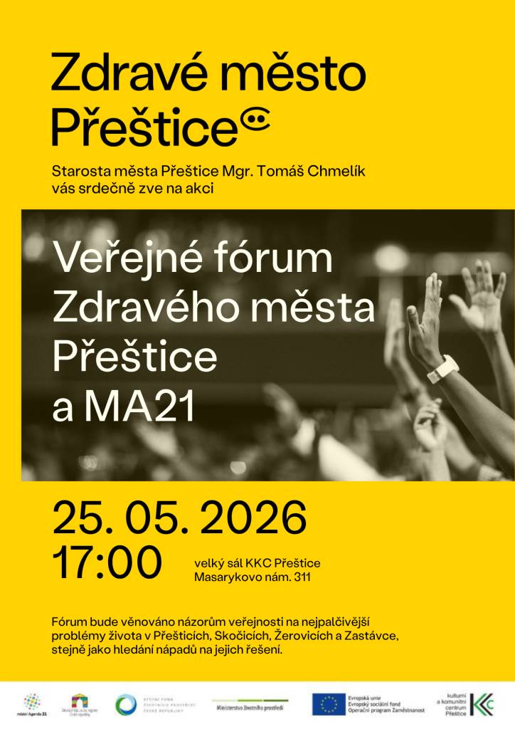 Přijďte se zapojit do diskuse o bezpečnosti, cyklostezkách, veřejné zeleni, kultuře, sociálních službách a dalších tématech, která se dotýkají nás všech každý den.  🗓️ pondělí 25. 5. 2026 od 17:00 ve velkém sále KKC Přeštice