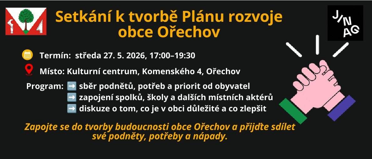 Obec Ořechov připravuje aktualizaci Plánu rozvoje obce. Srdečně Vás zveme na první setkání, které se uskuteční ve středu 27.5. v sále Kulturního centra Ořechov od 17.00 hodin. Zapojte se i Vy do tvorby budoucnosti naší obce a přijďte sdílet své podněty, potřeby a nápady.