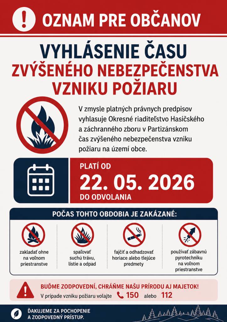 Okresné riaditeľstvo Hasičského a záchranného zboru v Partizánskom vyhlásilo čas zvýšeného nebezpečenstva vzniku požiaru na celom území okresu Partizánske až do odvolania