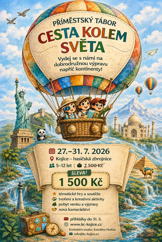 Letos prvně pořádáme pod hlavičkou Komunitního centra Kojice dva tematické tábory pro děti ve věku 5–12 let:  Cesta kolem světa (27.–31. 7. 2026)  Po stopách bájných tvorů (10.–14. 8. 2026)  Díky podpoře obce Kojice se nám podařilo snížit cenu na 1500 Kč za tábor, aby byly dostupnější pro více rodi