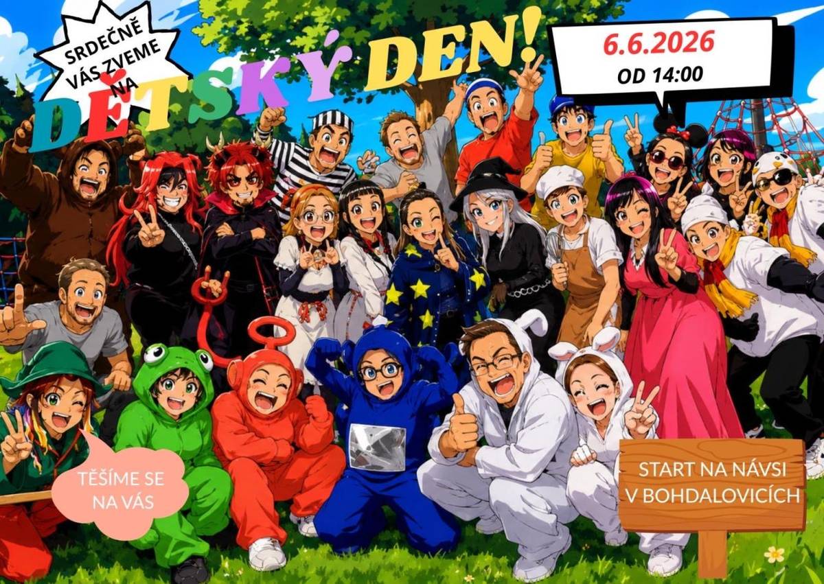 Srdečně Vás zveme na DĚTSKÝ DEN 6.6.2026 od 14.oohod.  Start na návsi v Bohdalovicích.  Těšíme se na Vás.