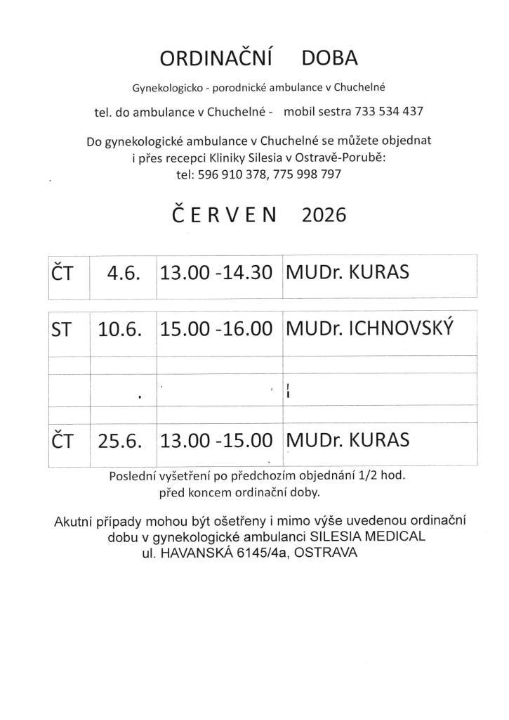 Ordinační doba - červen 2026 - Gynekologicko - porodnické ambulance v Chuchelné