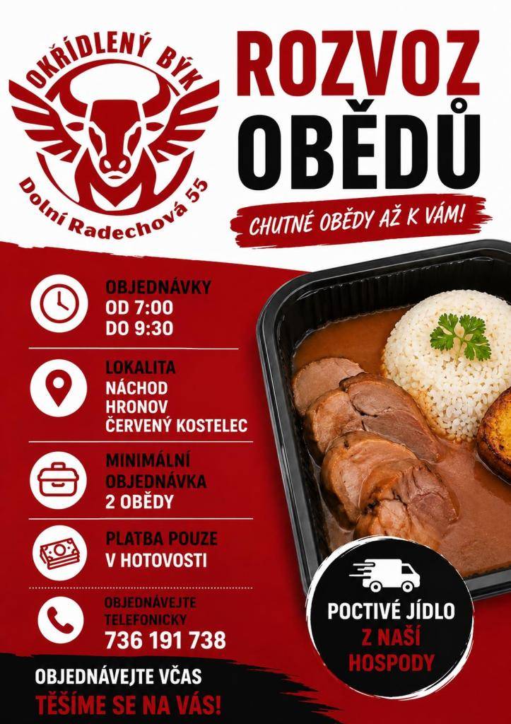 Nemáte čas vařit? Restaurace Okřídlený Býk poskytuje rozvoz domácích obědů až ke dveřím vašich domovů. Objednávky přijímají od 7:00 do 9:30.