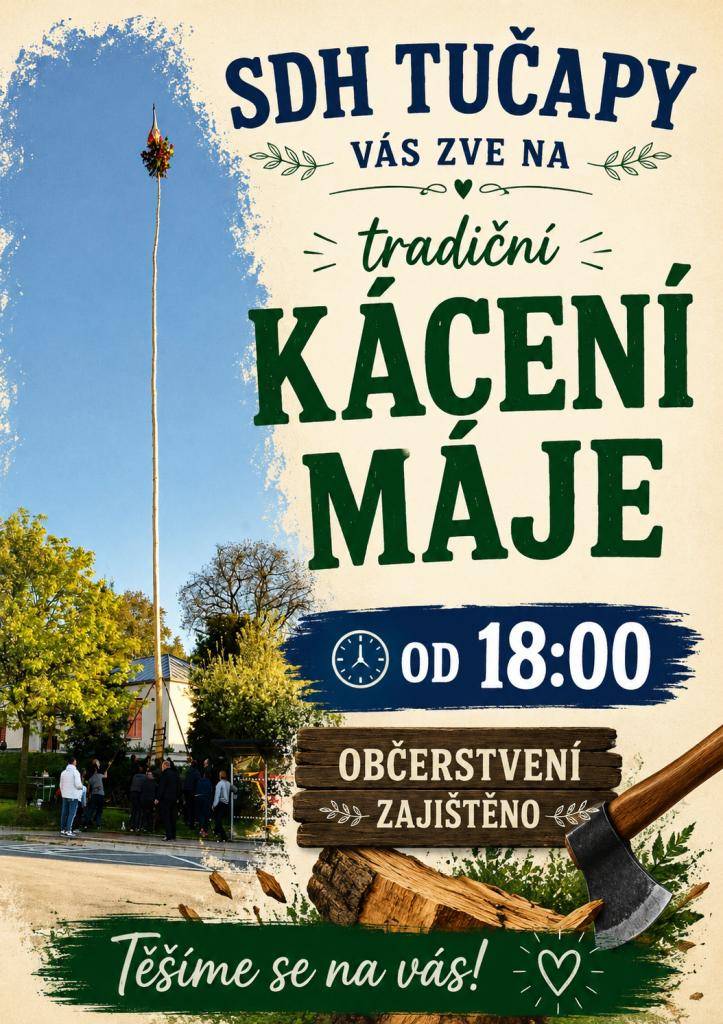 Sbor dobrovolných hasičů Tučapy Vás srdečně zve na tradiční kácení máje, které se uskuteční v pátek 29.5. od 18 hodin.    Přijďte si užít příjemný večer, pobavit se s přáteli a podpořit místní tradice.  Občerstvení je zajištěno.
