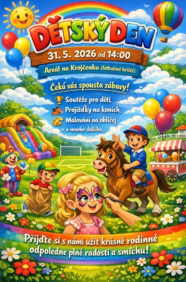 V neděli 31. května 2026 od 14:00 hodin se bude konat Dětský den v areálu na Krojčenku (fotbalové hřiště).