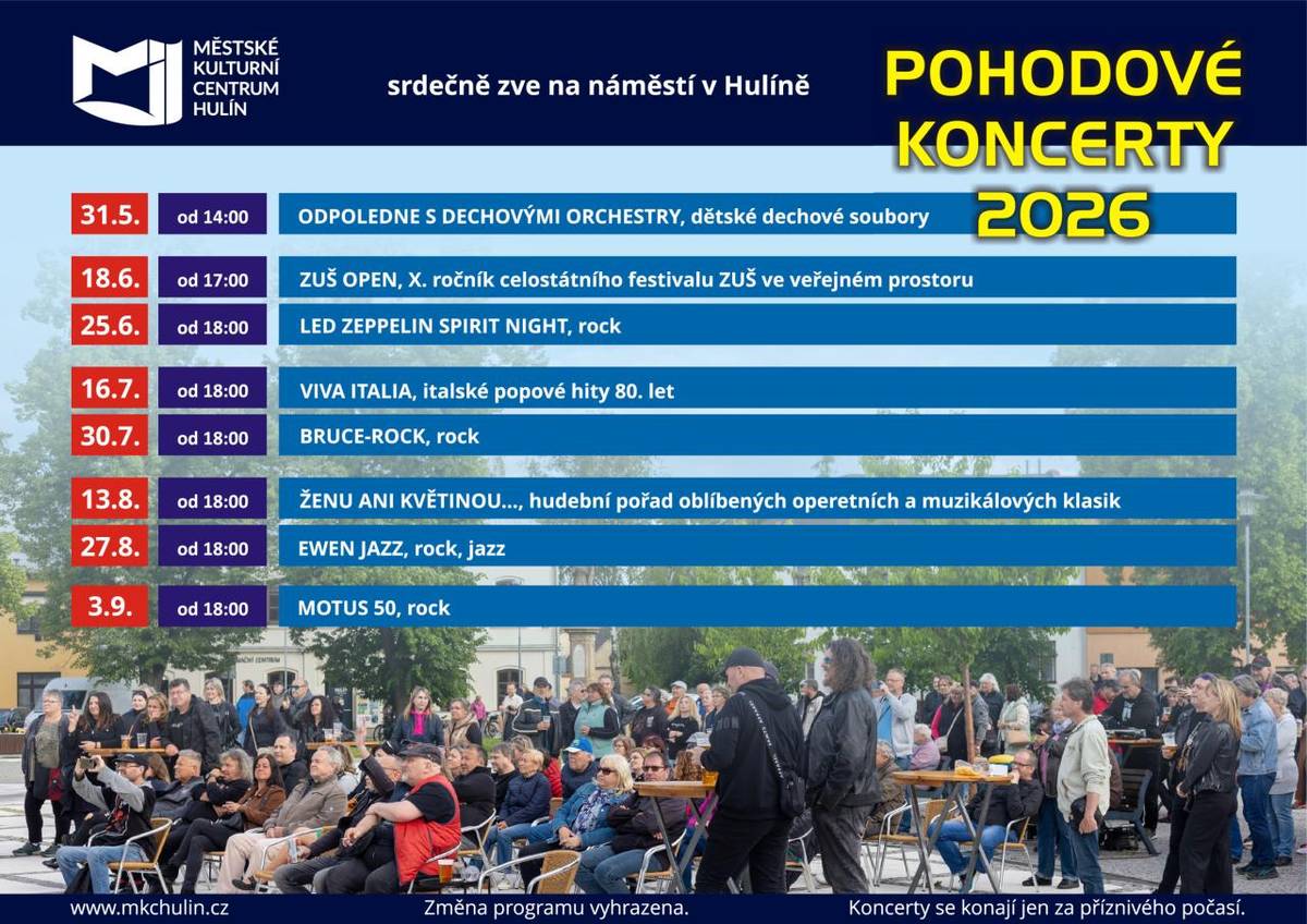 Letní Pohodové koncerty 2026 v Hulíně nabídnou sérii hudebních večerů plných různých žánrů pod širým nebem v Hulíně.