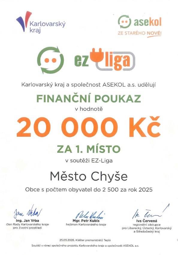 Skvělá zpráva pro celé naše město! V soutěži EZ-Liga (v kategorii obcí do 2 500 obyvatel) jsme za rok 2025 získali úžasné první místo a finanční poukaz na 20 000 Kč.   Obrovské DĚKUJEME každému z Vás, kdo poctivě třídí staré elektrospotřebiče.